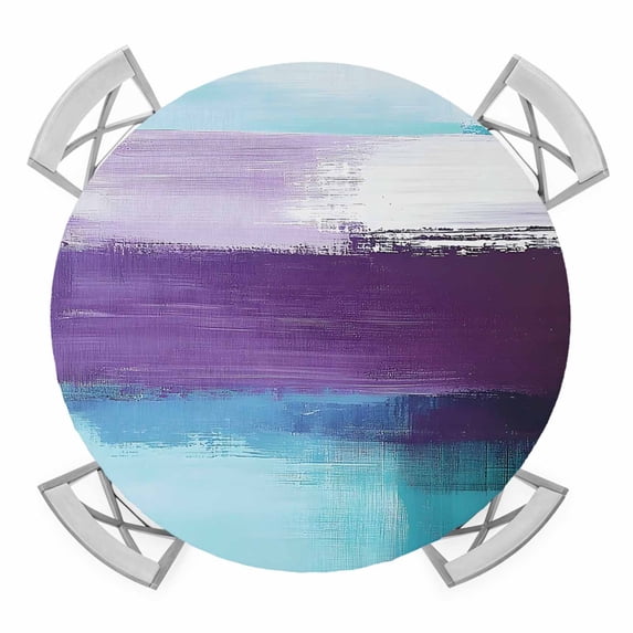 Purple Teal Ombre Round Fitted Tablecloth with Elastic Edge, Waterproof Table Cloth Table Cover for 55"-60" Tables, Abstract Modern Oil Painting Gradient Tablecloths for Dining Picnic Indoor Outdoor