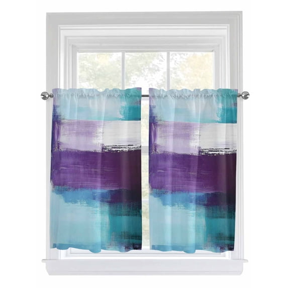 Purple Teal Ombre Tier Curtains 45 Inches Long, Abstract Modern Oil Painting Gradient Window Treatment Curtain Drapes, Window Half Privacy Curtains for Bedroom Bathroom, 42"x45", 2 Panels