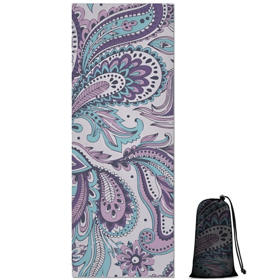 Purple and Teal Paisley and Floral Pattern Hot Yoga Mat Towel Non Slip for Hot Yoga - Quick-Drying Yoga Mat Cover with 4 Corner Pockets with Travel Bag - Hot Yoga Towel Non Slip 70"x26"