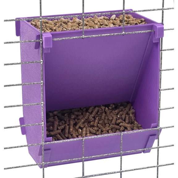 Purple Texas USA Made 6-Inch Cage Hanging Rabbit Feeder with ID Tag for Rabbit Pellet Feed with a Sifter Base