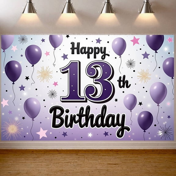 Purple Theme 13th Birthday Banner Balloon Pattern Display Star Decor Firework Elements Teen Birthday Backdrop for 13th Birthday Party Teen Celebration Indoor Decoration