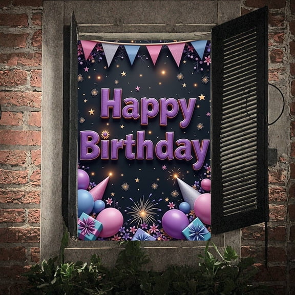 Purple Theme Banner Star Decorated Birthday Display Colorful Balloons Gift Box Design Party Backdrop for Birthday Party Indoor Party Photo Shoot