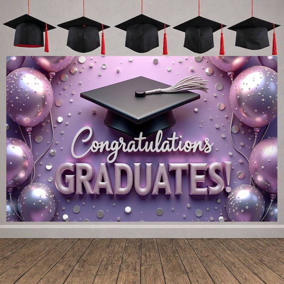 Purple Theme Graduation Banner Silver Text Grad Party Backdrop Balloon Decoration Confetti Accent Graduation Background for Graduation Ceremony Grad Party Photo Shoot