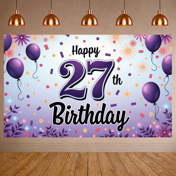 Purple Theme Happy 27th Birthday Banner Balloon Decoration 27th Birthday Display Floral Design Confetti Elements Birthday Party Backdrop for 27th Birthday Party Indoor Decoration Photo Backdrop