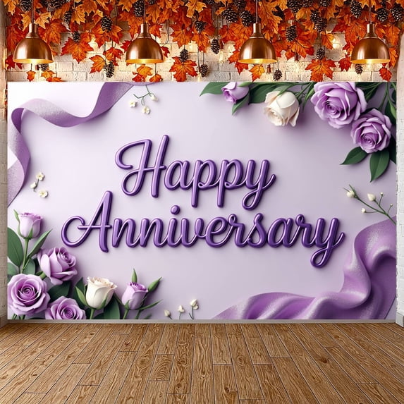 Purple Theme Happy Anniversary Banner Romantic Anniversary Display Rose Decoration Silk Ribbon Romantic Backdrop for Wedding Anniversary Romantic Party Anniversary Celebration