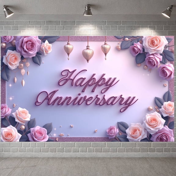 Purple Theme Happy Anniversary Banner Romantic Anniversary Display Rose Decoration Silk Ribbon Romantic Backdrop for Wedding Anniversary Romantic Party Anniversary Celebration