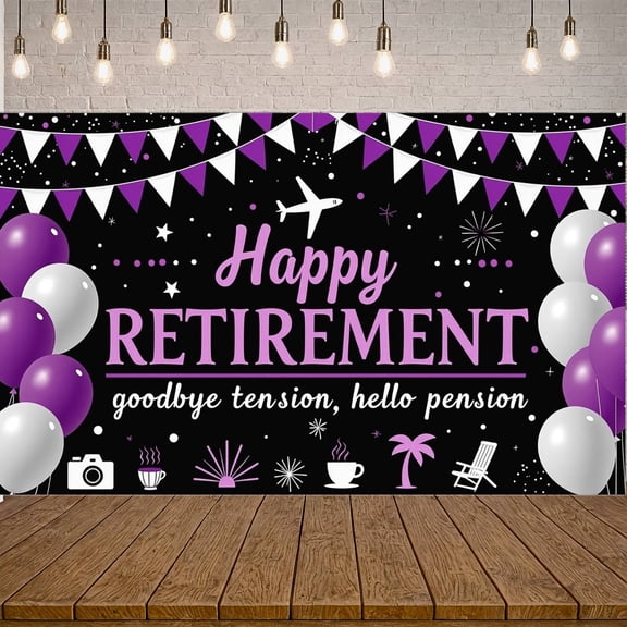 Purple Theme Retirement Banner Black Background Happy Retirement Banner Balloon Design Triangle Flag Decor Farewell Banner for Retirement Party Office Party Photo Shoot