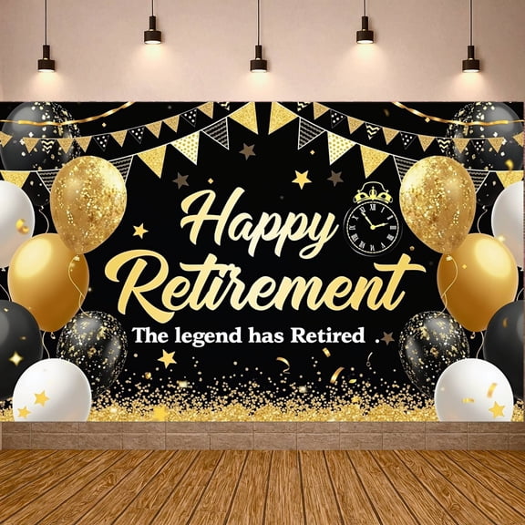 Purple Theme Retirement Banner Black Background Happy Retirement Banner Balloon Design Triangle Flag Decor Farewell Banner for Retirement Party Office Party Photo Shoot