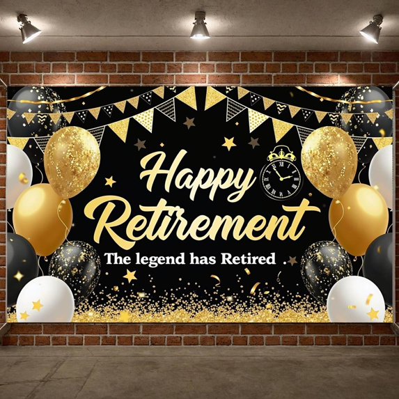 Purple Theme Retirement Banner Black Background Happy Retirement Banner Balloon Design Triangle Flag Decor Farewell Banner for Retirement Party Office Party Photo Shoot