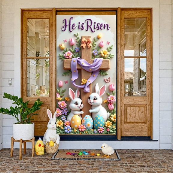 Purple Theme He is Risen Banner White Butterflies Resurrection Display Lily Flowers Wooden Cross Jesus Backdrop for Easter Celebration Church Service Religious Gathering