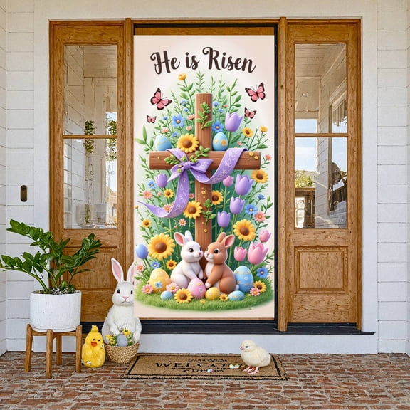 Purple Theme He is Risen Banner White Butterflies Resurrection Display Lily Flowers Wooden Cross Jesus Backdrop for Easter Celebration Church Service Religious Gathering