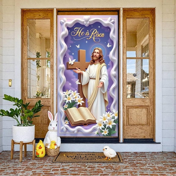 Purple Theme He is Risen Banner White Butterflies Resurrection Display Lily Flowers Wooden Cross Jesus Backdrop for Easter Celebration Church Service Religious Gathering