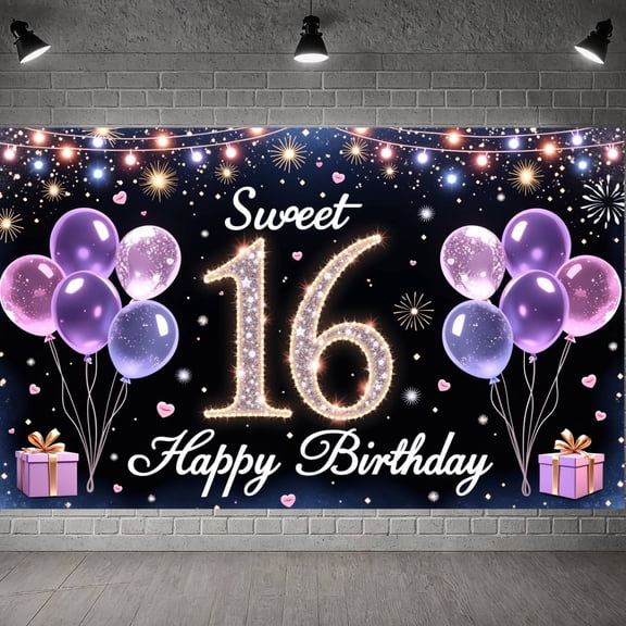 Purple Theme Sweet 16 Banner Glittery Design Backdrop Balloon Decor Golden Number 16th Birthday Display for Sweet 16 Party Teen Birthday Girls' Celebration