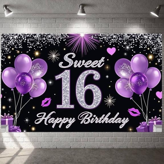 Purple Theme Sweet 16 Banner Glittery Design Backdrop Balloon Decor Golden Number 16th Birthday Display for Sweet 16 Party Teen Birthday Girls' Celebration