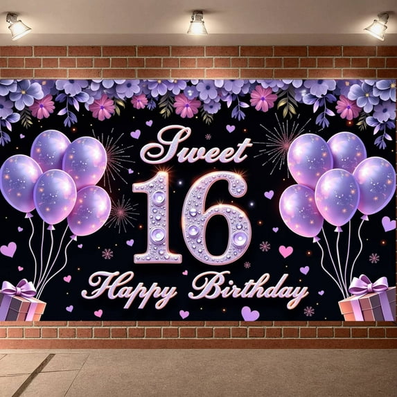 Purple Theme Sweet 16 Banner Glittery Design Backdrop Balloon Decor Golden Number 16th Birthday Display for Sweet 16 Party Teen Birthday Girls' Celebration