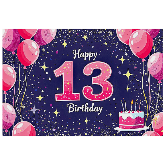 Purple Themed 13th Birthday Banner with Balloons Stars and Cake Decoration Backdrop Party Supplies Photography Props Happy Birthday Party Decorations