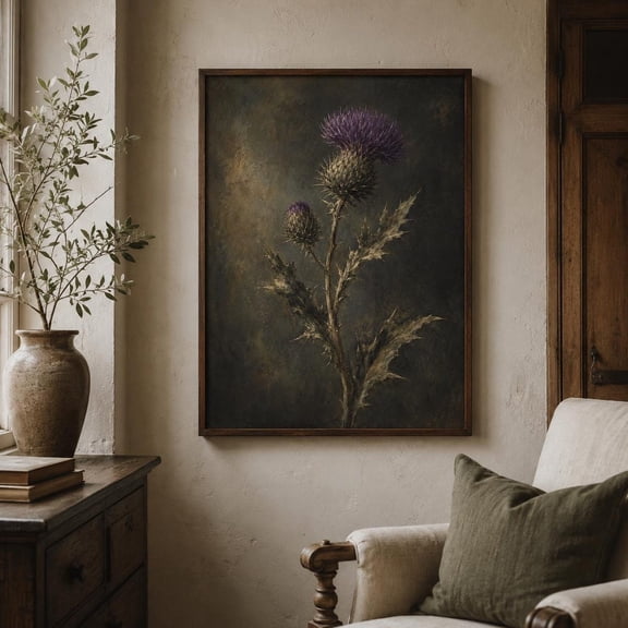 Purple Thistle Wall Art Print Vintage Botanical Dark Floral Decor Moody Wildflower Gothic Cottagecore Art