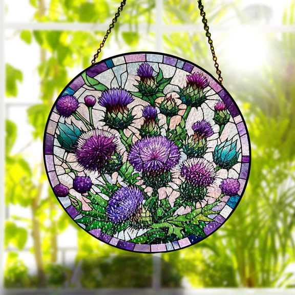 Purple Thistles GLASS Window Hanging, Purple Thistles Suncatcher, Flowers lovers gift, Mother's day gift, Kitchen decor, Grandma gift, Housewarming gift, Nature Home Décor