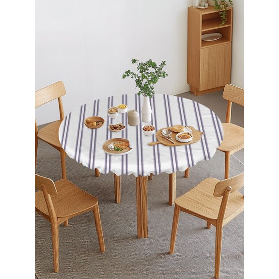 Purple Ticking Stripe Round Fitted Tablecloth with Elastic Edge, Minimalist Vertical Lines White Waterproof Stretch Table Covers for 36"-44" Tables Wipeable Table Cloth for Outdoor