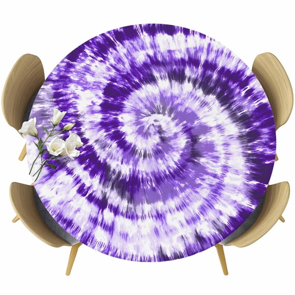 Purple Tie Dye Round Fitted Tablecloth with Elastic Edge, Modern Abstract Ombre Purple Psychedelic Tie Dye Stretch Table Covers for 36"-44" Tables Wipeable Table Cloth for Outdoor