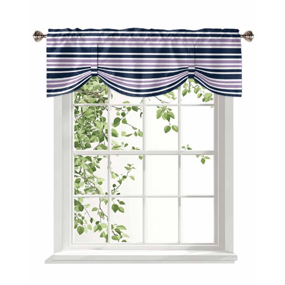 Purple and Tie Up Valances Curtain, Adjustable Kitchen Dark Blue Stripes Minimalist Modern Geometric Valances for Windows Decor, Rod Pocket Short Curtains Set for Bedroom/Bathroom, 54"x18"