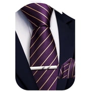 Purple Ties for Men Extra Long Tie Pocket Square Tie Clip Set Silk Striped 63 XL Big and Tall Necktie Business Formal
