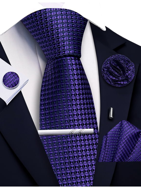 Purple Ties for Men Plaid Checkered Tie Set Silk Necktie Pocket Square Handkerchief Cufflinks Lapel Pin Tie Clip