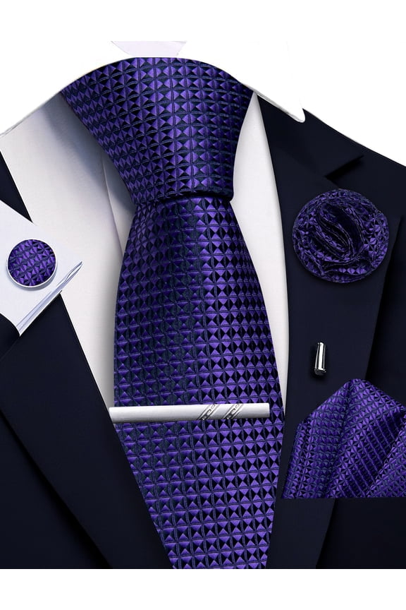 Purple Ties for Men Plaid Checkered Tie Set Silk Necktie Pocket Square Handkerchief Cufflinks Lapel Pin Tie Clip
