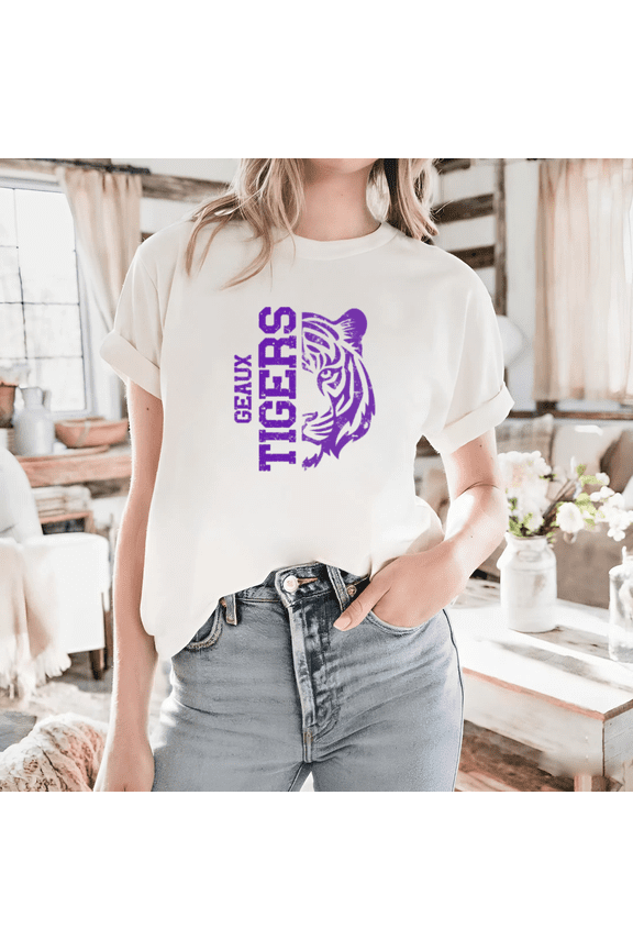 Purple Tiger Head Outline Bold Retro Lettering Graphic Artwork Unisex T-Shirt up to size 5XL