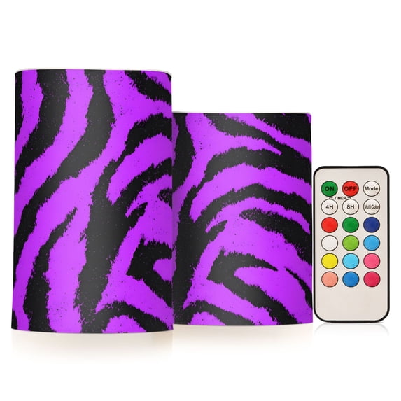 Purple Tiger Pattern Flameless LED Candle Set with Remote, Battery Operated Color Changing Pillar Candles, Set of 2