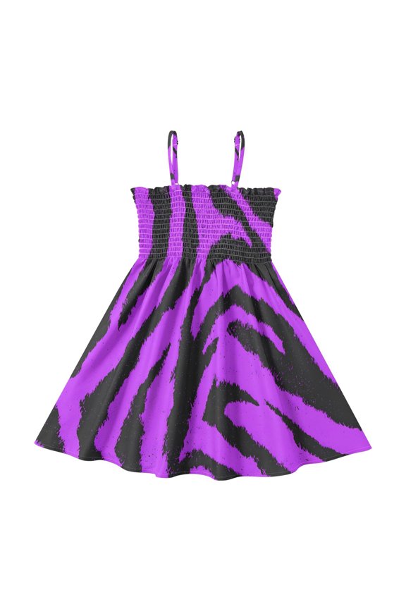 Purple Tiger Pattern Girls' Casual Dresses 2Y-8Y Sleeveless Ruffle Neck for Summer Daily Wear
