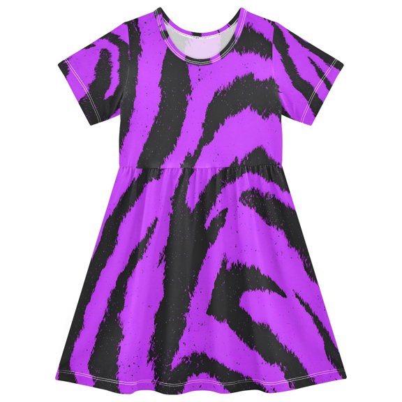 Purple Tiger Pattern Girls Short Sleeve Dress A Line Sun Protection Breathable Comfort Sundress 3T