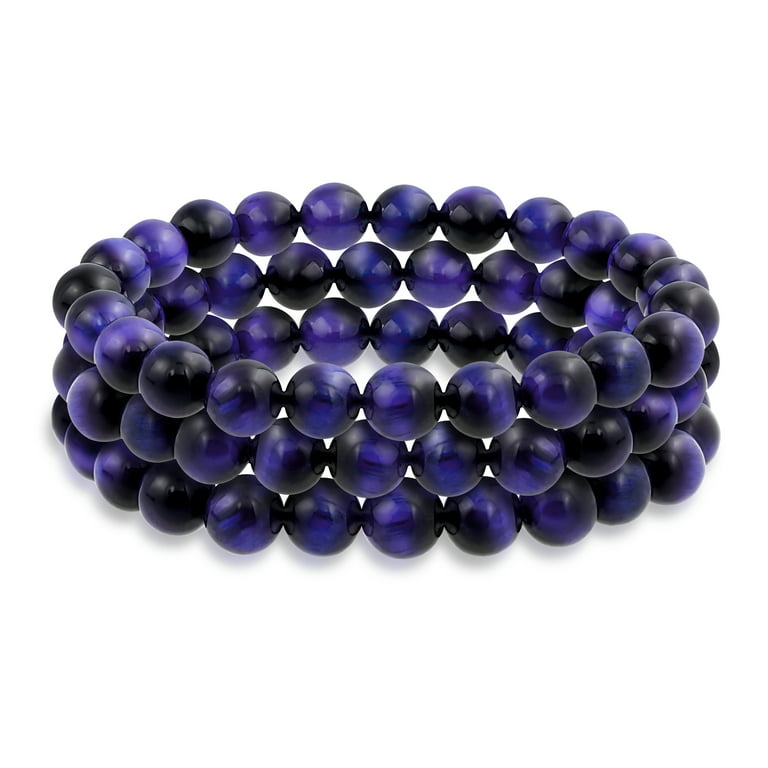 Purple Tigers Eye 8MM Ball Bead Gemstones Stretch Bracelet Set