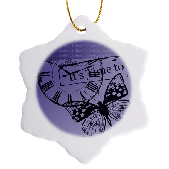 Purple Time Believe Butterfly Collage, 3 inch Snowflake Porcelain Ornament