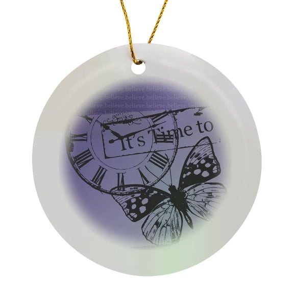 Purple Time Believe Butterfly Collage, Circle Porcelain Ornament