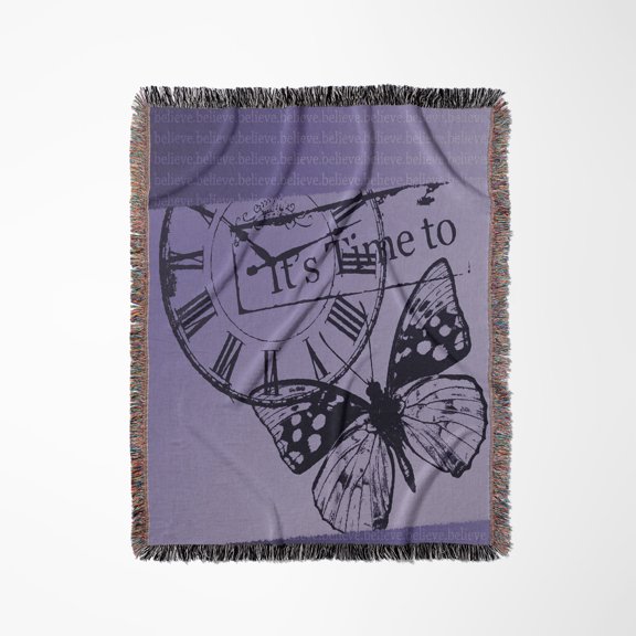 Purple Time Believe Butterfly Collage, Woven Blanket