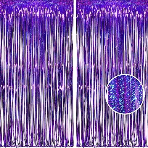 Purple Tinsel Foil Fringe Curtains - 2Pcs 3.2x8.2ft Metallic Streamers Backdrop for Christmas/Hunters/Girl/Women/Birthdays/Bridal Shower/Bachelorette/Anniversary/Engagement Party Decor