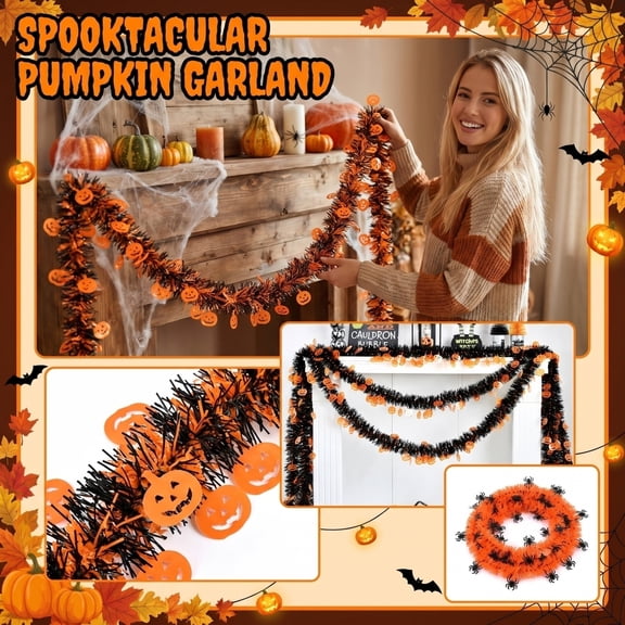 Purple Tinsel Halloween Garland, Fall Garland for Mantle, Outdoor Halloween Decorations, Halloween Party Decorations, Adorned with Bright Orange Mini Pumpkin Details for Mantel,