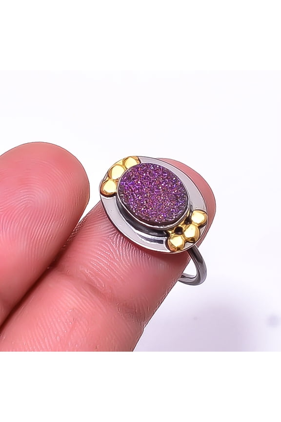 Purple Titanium Agate Drusy Black And Gold Plated 925 Sterling Silver Ring s.7.5, Purple Titanium Agate Drusy Ring R_9490_293_35