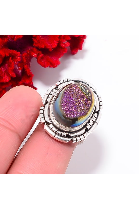 Purple Titanium Agate Drusy Designer Handmade 925 Sterling Silver Ring S.7 R102626, Christmas Gift