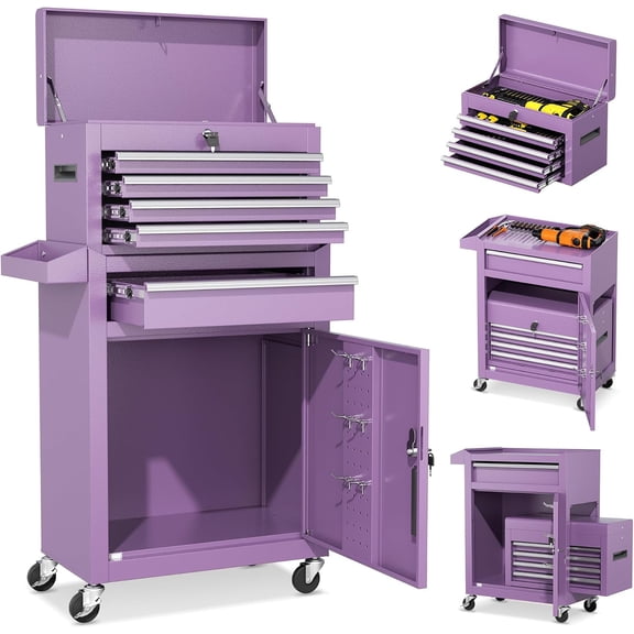 Purple Tool Chest, 5-Drawer Rolling Storage Cabinet, Detachable Top Tool Box - Lockable Wheels, Garage & Workshop Barbershop Tool Cart