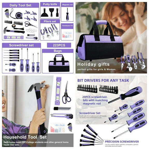 Purple Tool Set,223-Piece Tool Sets for Women,Tool Kit with 13-Inch Wide Mouth Open Purple Tool Bag,The Basic Tool Set is Perfect for Home Maintenance