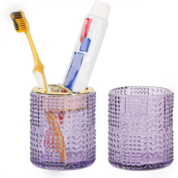 Purple Toothbrush Holder, Glass Toothbrush Holder with Gold Divider, Bathroom Tumbler Cup and Tooth Brush Cup Storage Organizer for Toothpaste, Brushes, Razor