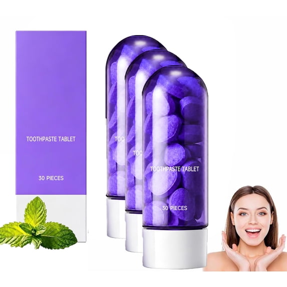 Purple Toothpaste For Teeth Whitening Tablets,Teeth Restoration Tablets, Peroxide Free, Fresh Mint Flavor, Color Correcting, Gentle Oral Care,3pcs