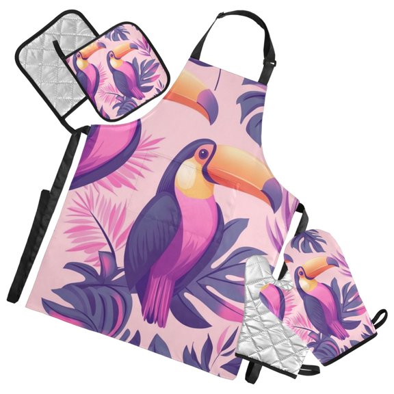 Purple Toucans Oven Mitts and Pot Holders with Chef Apron Set 5 Pcs Kitchen Cooking Set