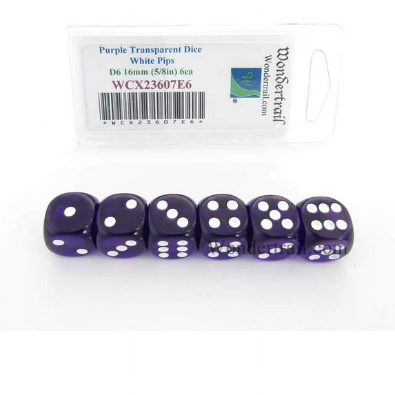 Purple Translucent Dice with White Pips D6 16mm (5/8in) Pack of 6 Wondertrail