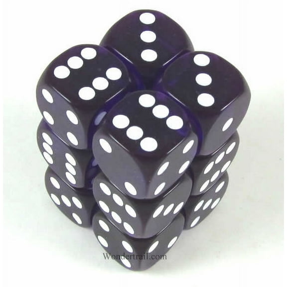 Purple Transparent Dice with White Pips D6 16mm (5/8in) Pack of 12 Koplow Games