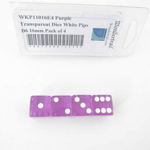 Purple Transparent Dice with White Pips Rounded Corners D6 16mm (5/8in) Pack of 4 Wondertrail