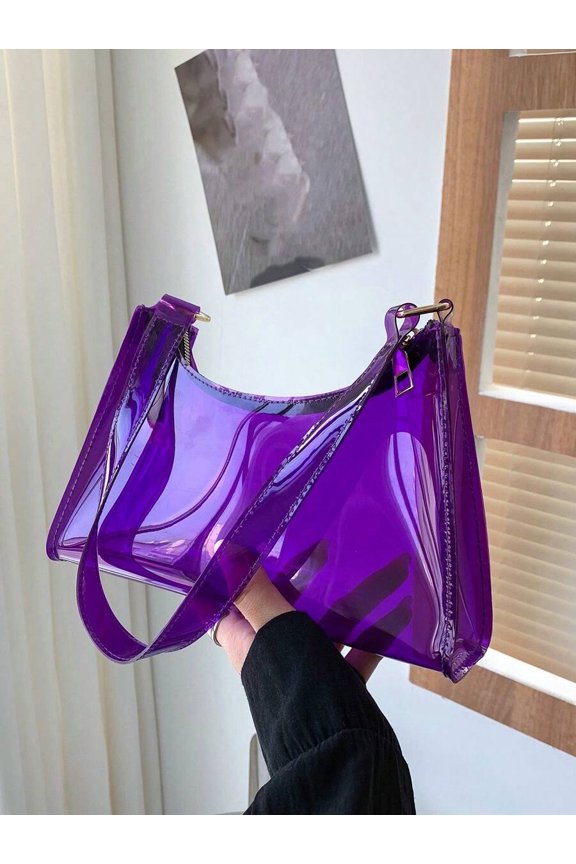 Purple Transparent PVC Hobo Shoulder Bag With Zip Closure