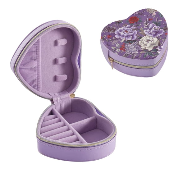 Purple Travel Jewelry Box, Heart-Shaped PU Leather Organizer, Portable Storage Case for Rings, Earrings, Necklaces, Ideal Gift for Women, Travel Essentials Peonies on Dark Purple Background
